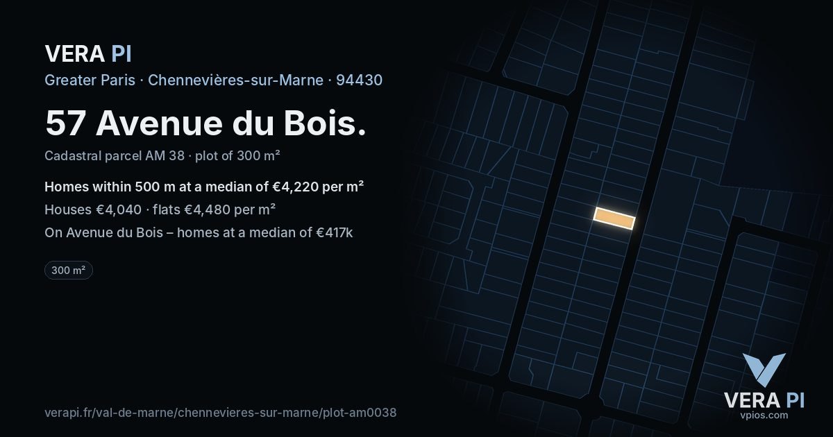 57 Avenue du Bois, Chennevières-sur-Marne at night – the plot lit, the parcels around coloured by the prices near them