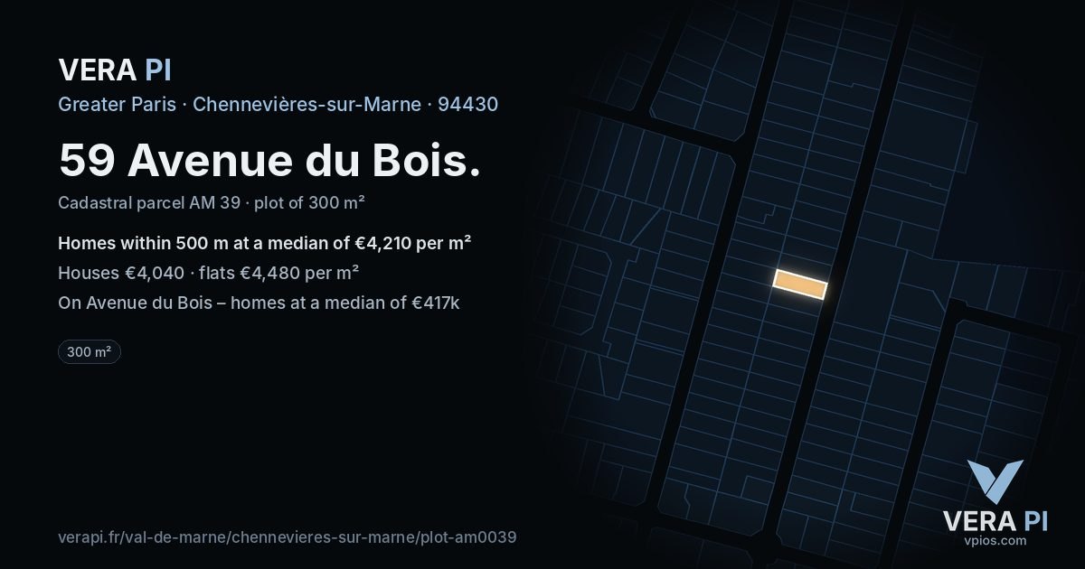 59 Avenue du Bois, Chennevières-sur-Marne at night – the plot lit, the parcels around coloured by the prices near them