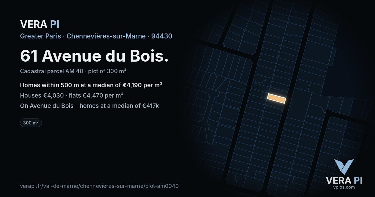 61 Avenue du Bois, Chennevières-sur-Marne at night – the plot lit, the parcels around coloured by the prices near them