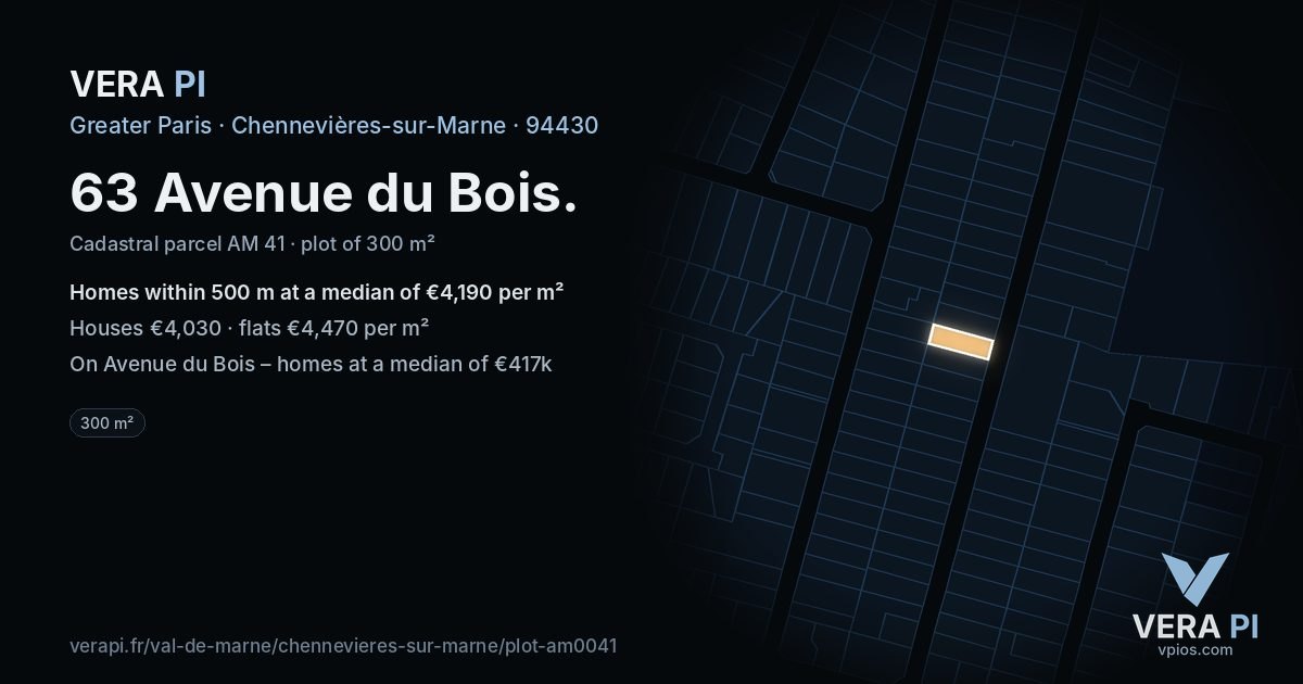 63 Avenue du Bois, Chennevières-sur-Marne at night – the plot lit, the parcels around coloured by the prices near them