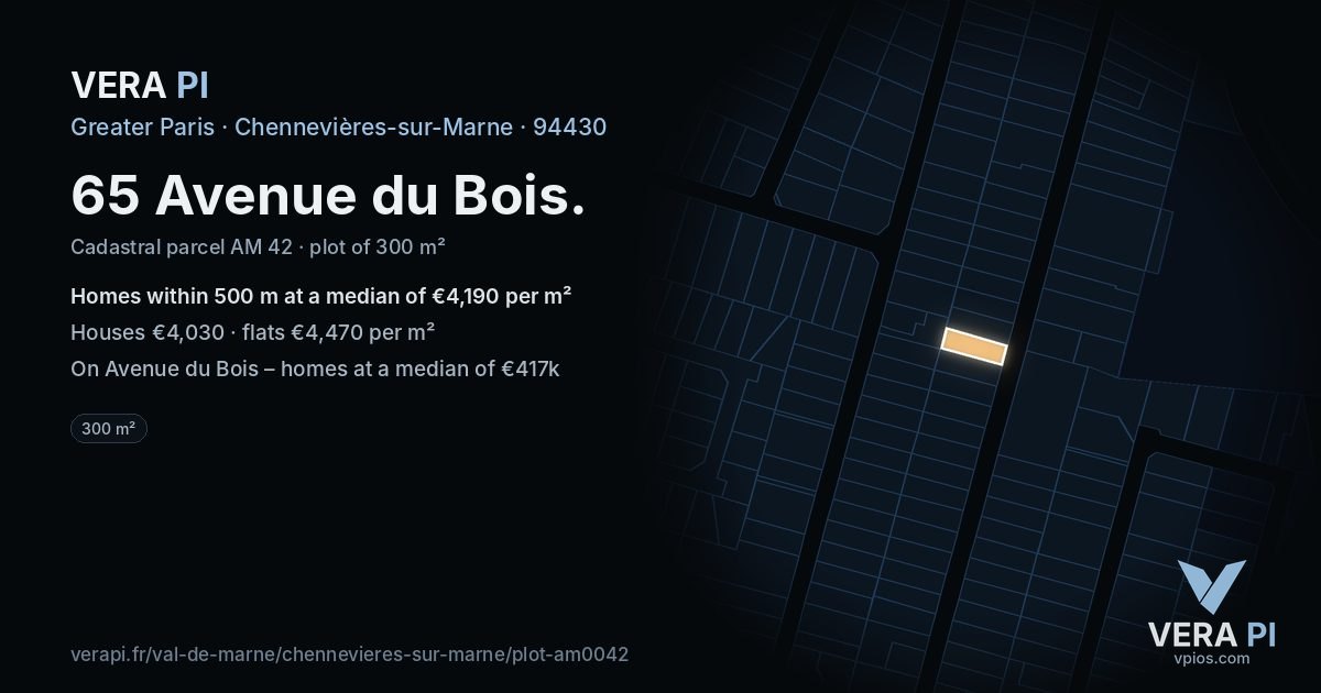 65 Avenue du Bois, Chennevières-sur-Marne at night – the plot lit, the parcels around coloured by the prices near them