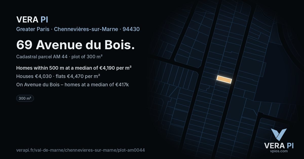 69 Avenue du Bois, Chennevières-sur-Marne at night – the plot lit, the parcels around coloured by the prices near them