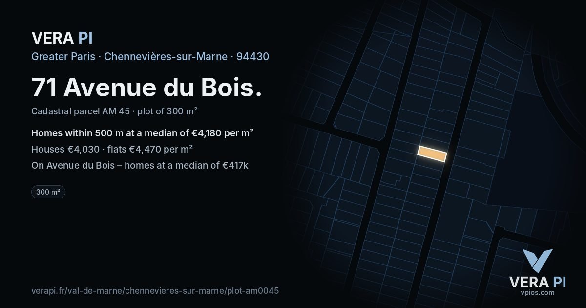 71 Avenue du Bois, Chennevières-sur-Marne at night – the plot lit, the parcels around coloured by the prices near them
