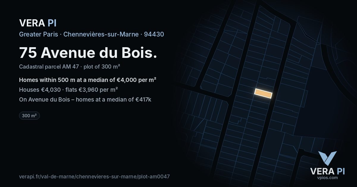 75 Avenue du Bois, Chennevières-sur-Marne at night – the plot lit, the parcels around coloured by the prices near them