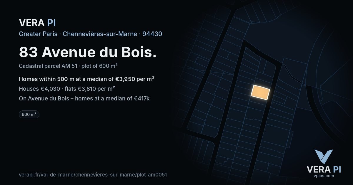 83 Avenue du Bois, Chennevières-sur-Marne at night – the plot lit, the parcels around coloured by the prices near them