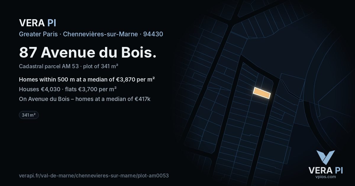 87 Avenue du Bois, Chennevières-sur-Marne at night – the plot lit, the parcels around coloured by the prices near them