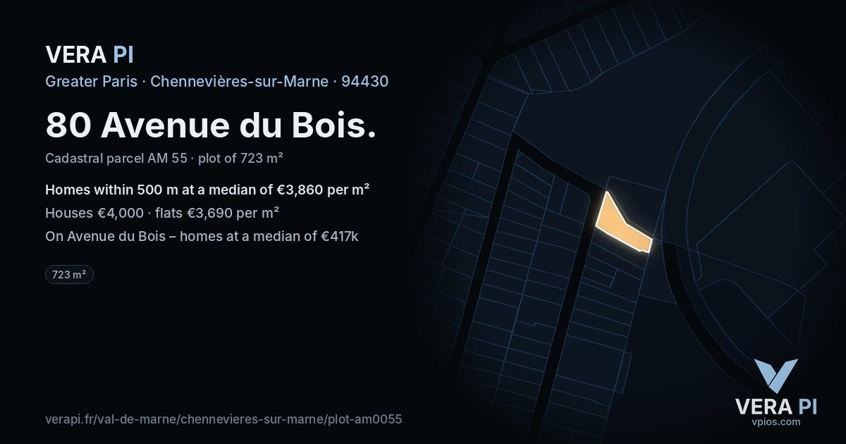 80 Avenue du Bois, Chennevières-sur-Marne at night – the plot lit, the parcels around coloured by the prices near them