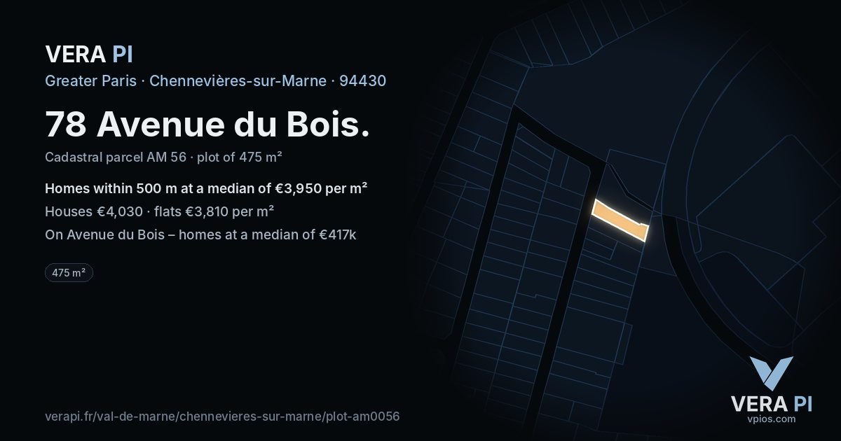 78 Avenue du Bois, Chennevières-sur-Marne at night – the plot lit, the parcels around coloured by the prices near them