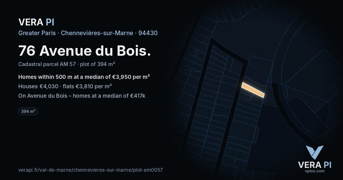 76 Avenue du Bois, Chennevières-sur-Marne at night – the plot lit, the parcels around coloured by the prices near them