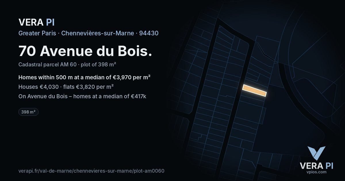 70 Avenue du Bois, Chennevières-sur-Marne at night – the plot lit, the parcels around coloured by the prices near them