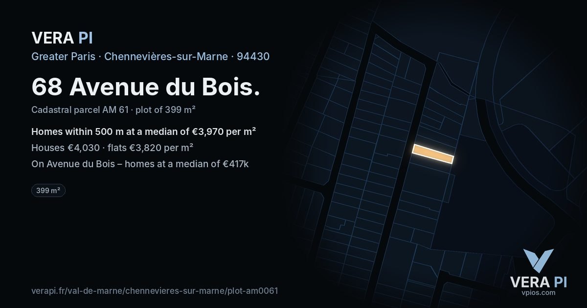 68 Avenue du Bois, Chennevières-sur-Marne at night – the plot lit, the parcels around coloured by the prices near them
