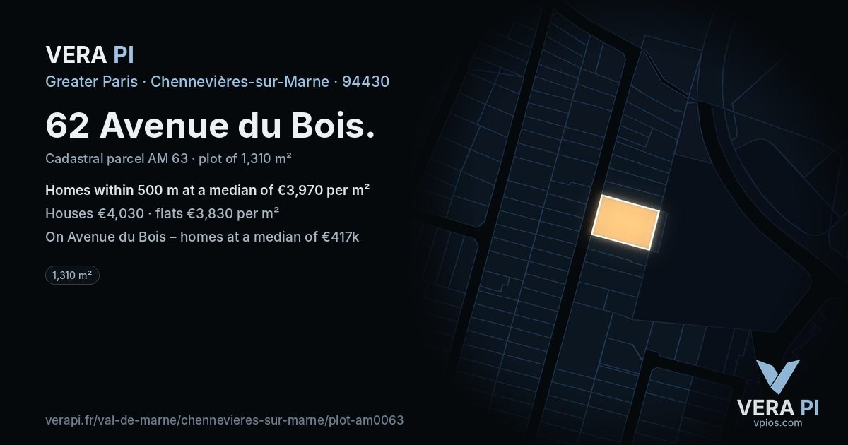 62 Avenue du Bois, Chennevières-sur-Marne at night – the plot lit, the parcels around coloured by the prices near them