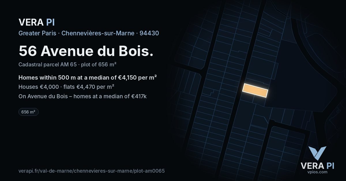 56 Avenue du Bois, Chennevières-sur-Marne at night – the plot lit, the parcels around coloured by the prices near them
