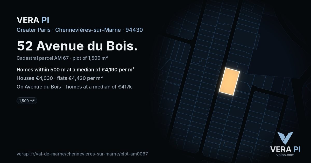 52 Avenue du Bois, Chennevières-sur-Marne at night – the plot lit, the parcels around coloured by the prices near them