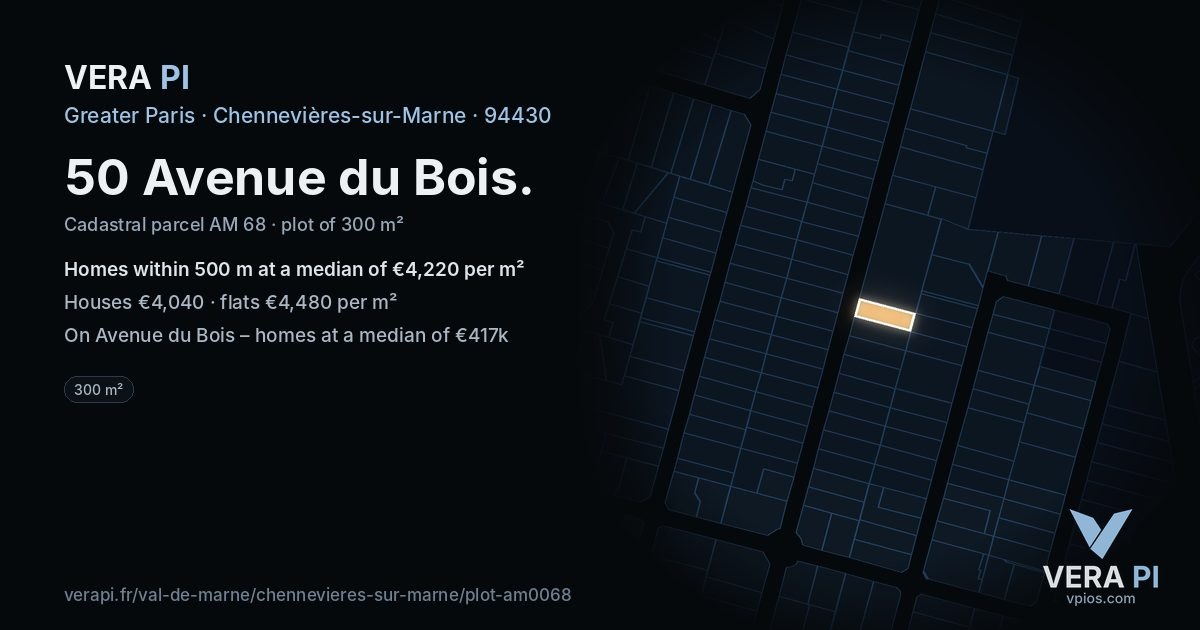 50 Avenue du Bois, Chennevières-sur-Marne at night – the plot lit, the parcels around coloured by the prices near them