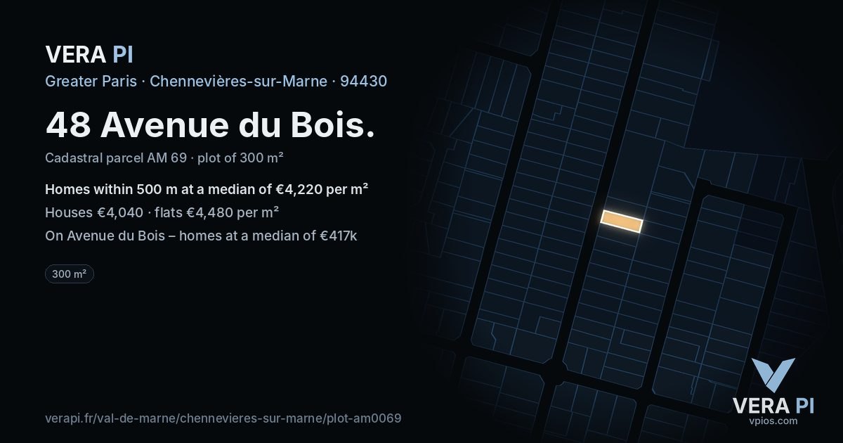 48 Avenue du Bois, Chennevières-sur-Marne at night – the plot lit, the parcels around coloured by the prices near them