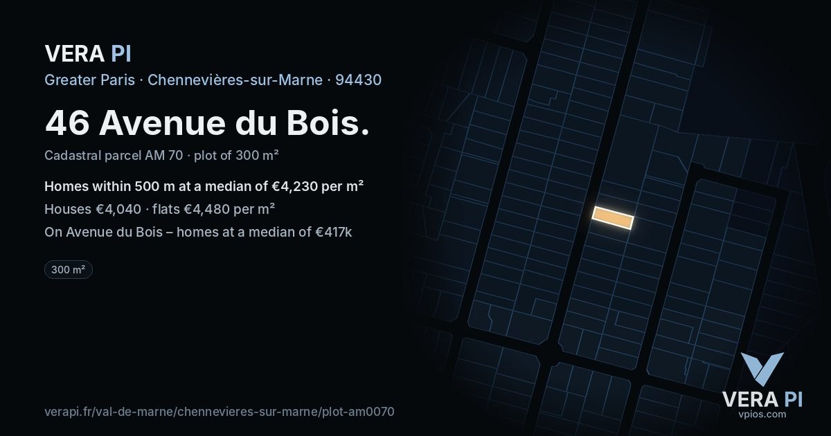 46 Avenue du Bois, Chennevières-sur-Marne at night – the plot lit, the parcels around coloured by the prices near them