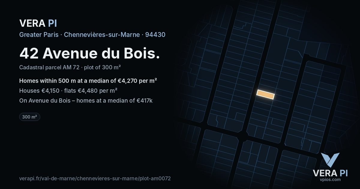 42 Avenue du Bois, Chennevières-sur-Marne at night – the plot lit, the parcels around coloured by the prices near them