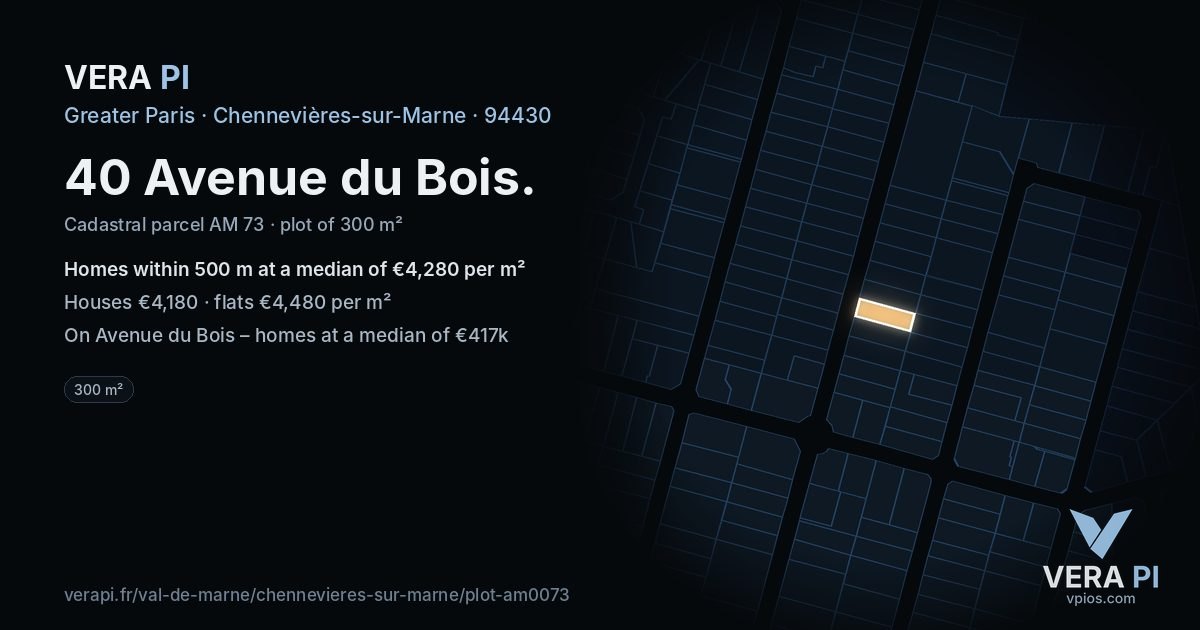 40 Avenue du Bois, Chennevières-sur-Marne at night – the plot lit, the parcels around coloured by the prices near them