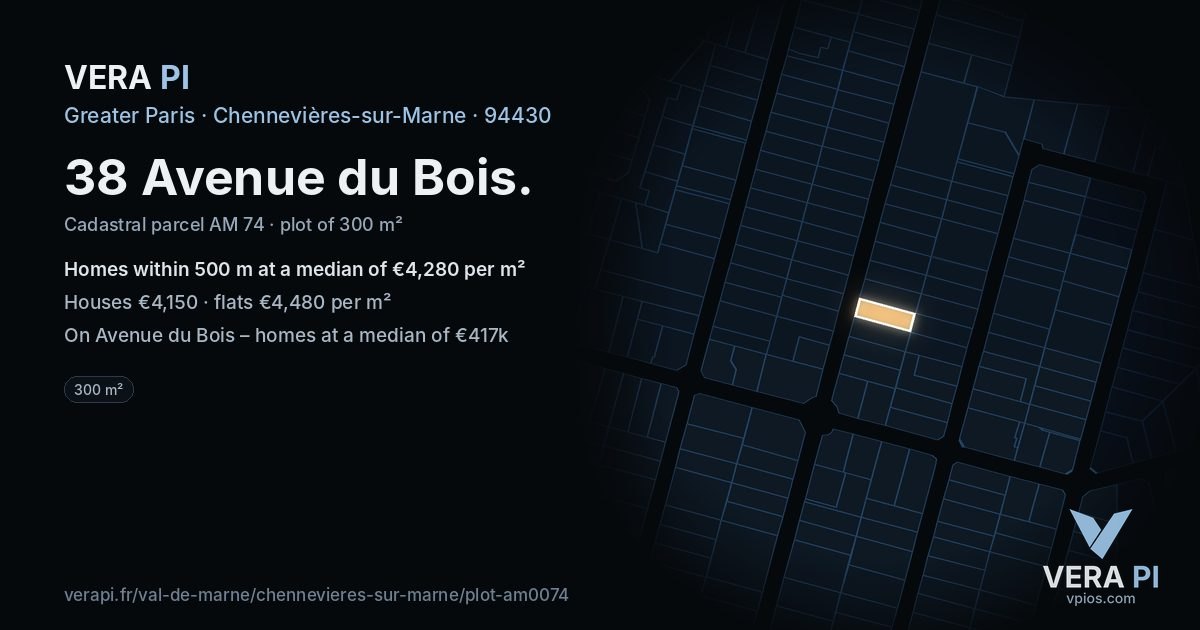 38 Avenue du Bois, Chennevières-sur-Marne at night – the plot lit, the parcels around coloured by the prices near them