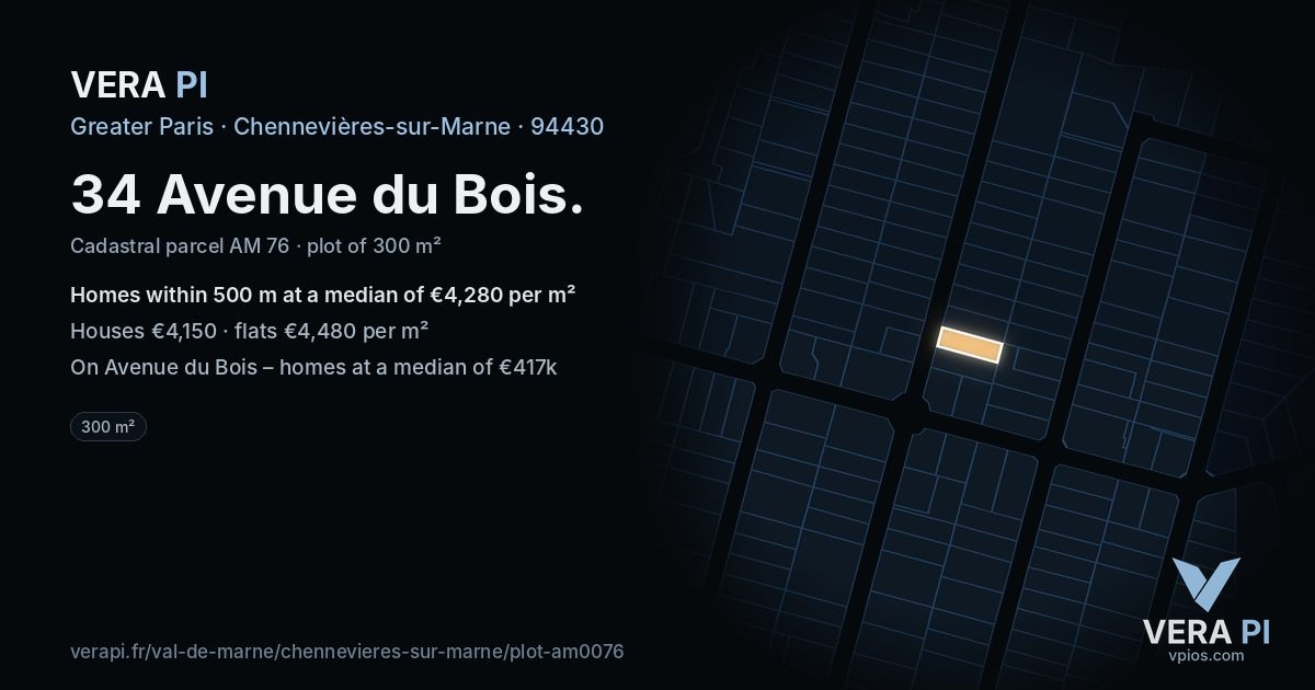 34 Avenue du Bois, Chennevières-sur-Marne at night – the plot lit, the parcels around coloured by the prices near them