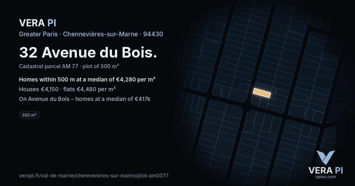 32 Avenue du Bois, Chennevières-sur-Marne at night – the plot lit, the parcels around coloured by the prices near them