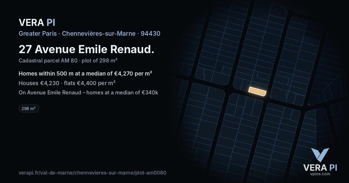 27 Avenue Emile Renaud, Chennevières-sur-Marne at night – the plot lit, the parcels around coloured by the prices near them