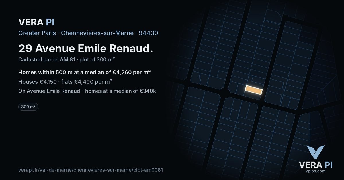 29 Avenue Emile Renaud, Chennevières-sur-Marne at night – the plot lit, the parcels around coloured by the prices near them