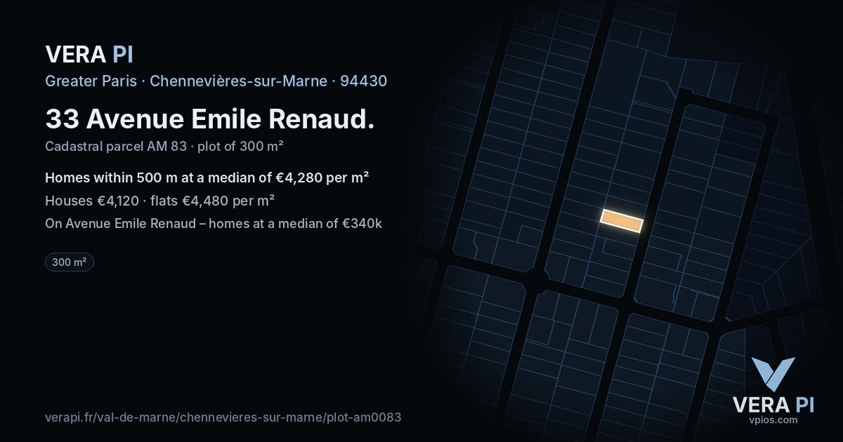 33 Avenue Emile Renaud, Chennevières-sur-Marne at night – the plot lit, the parcels around coloured by the prices near them