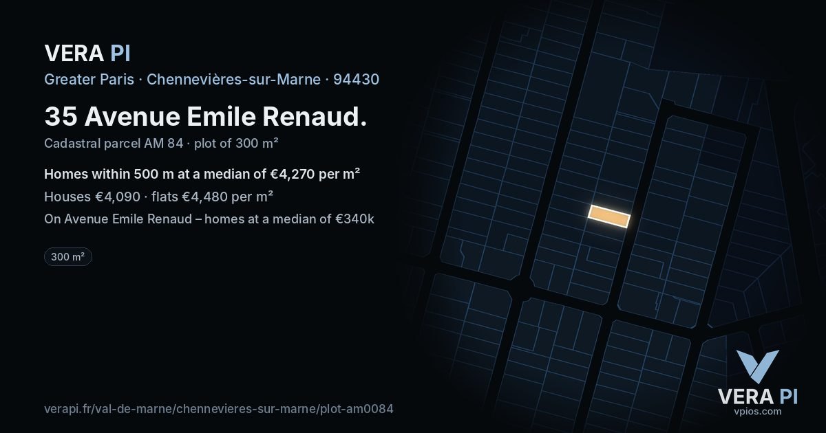 35 Avenue Emile Renaud, Chennevières-sur-Marne at night – the plot lit, the parcels around coloured by the prices near them