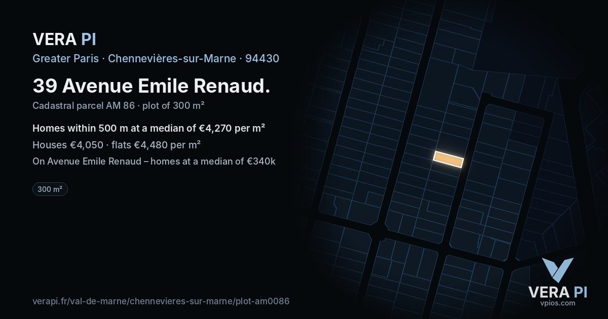 39 Avenue Emile Renaud, Chennevières-sur-Marne at night – the plot lit, the parcels around coloured by the prices near them