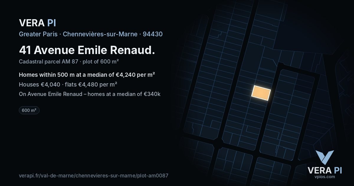 41 Avenue Emile Renaud, Chennevières-sur-Marne at night – the plot lit, the parcels around coloured by the prices near them