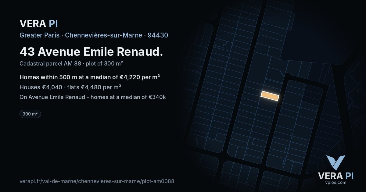 43 Avenue Emile Renaud, Chennevières-sur-Marne at night – the plot lit, the parcels around coloured by the prices near them