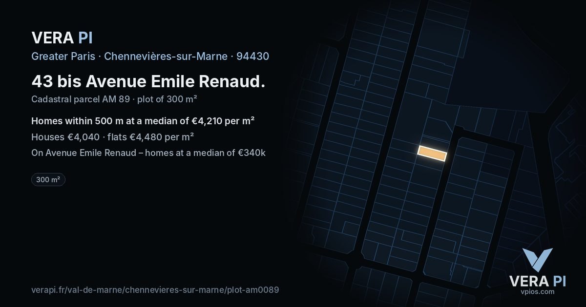 43 bis Avenue Emile Renaud, Chennevières-sur-Marne at night – the plot lit, the parcels around coloured by the prices near them