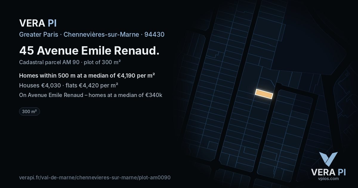 45 Avenue Emile Renaud, Chennevières-sur-Marne at night – the plot lit, the parcels around coloured by the prices near them