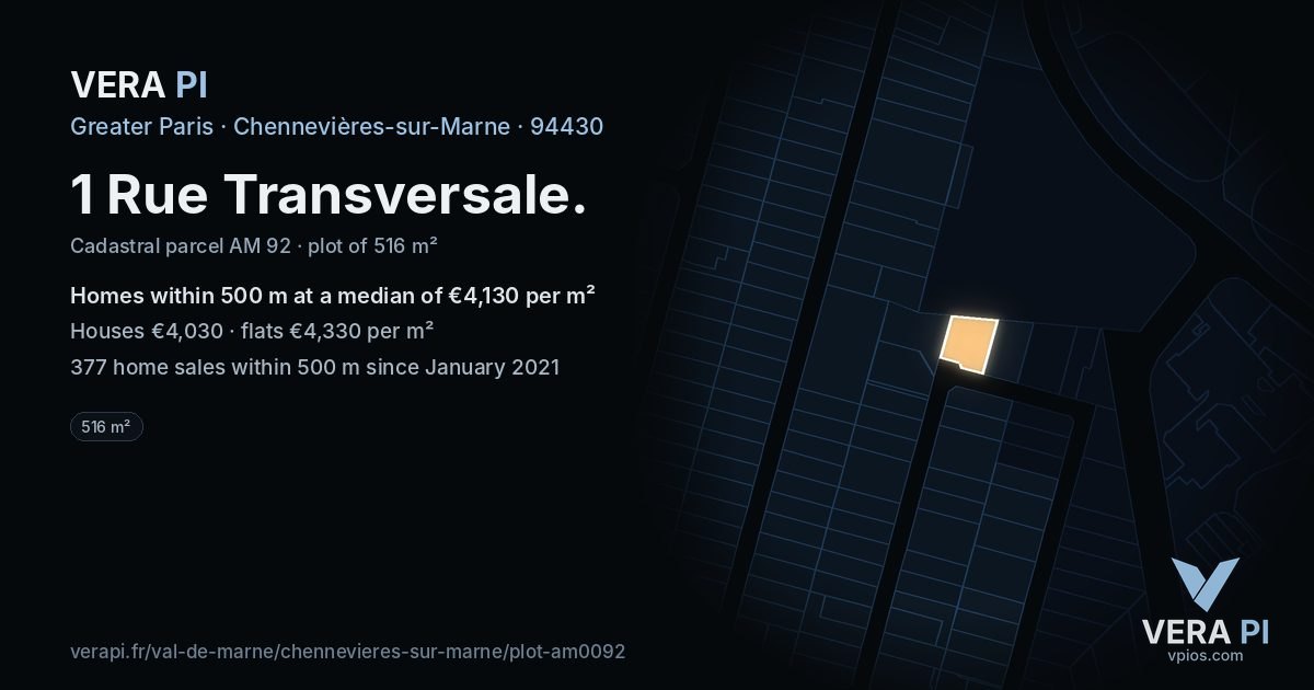 1 Rue Transversale, Chennevières-sur-Marne at night – the plot lit, the parcels around coloured by the prices near them