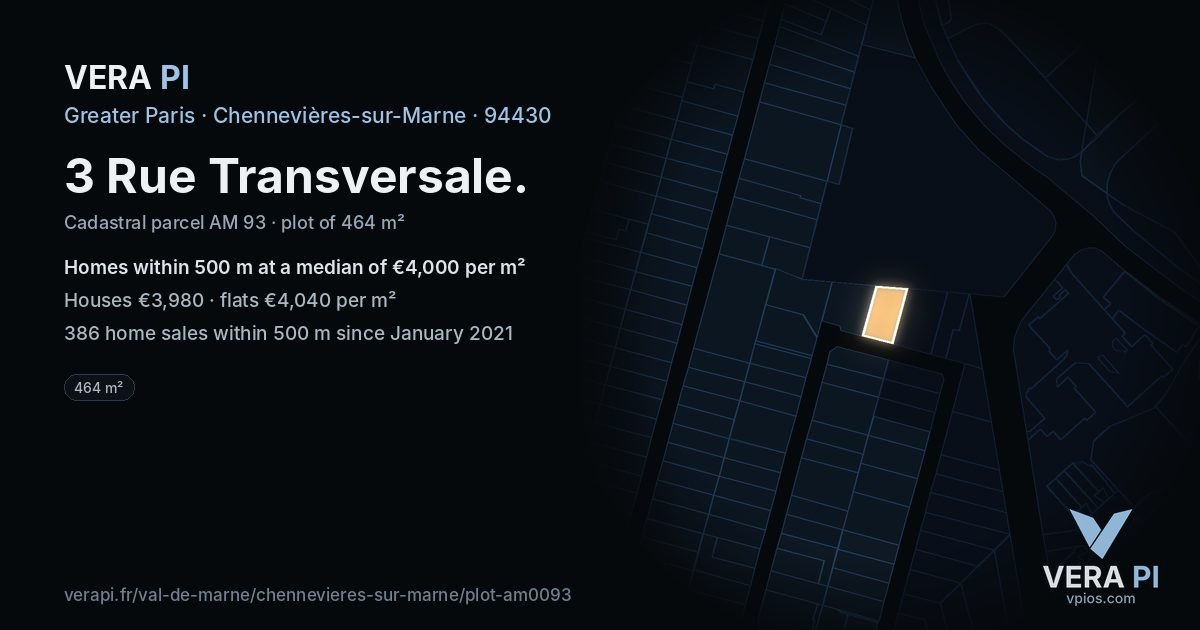 3 Rue Transversale, Chennevières-sur-Marne at night – the plot lit, the parcels around coloured by the prices near them