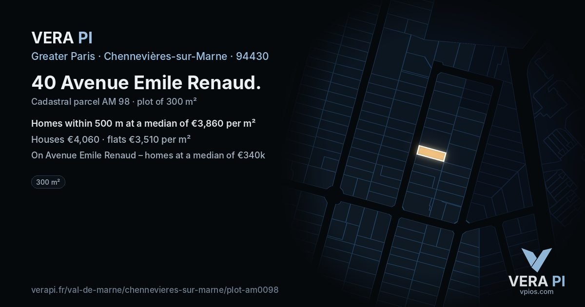 40 Avenue Emile Renaud, Chennevières-sur-Marne at night – the plot lit, the parcels around coloured by the prices near them