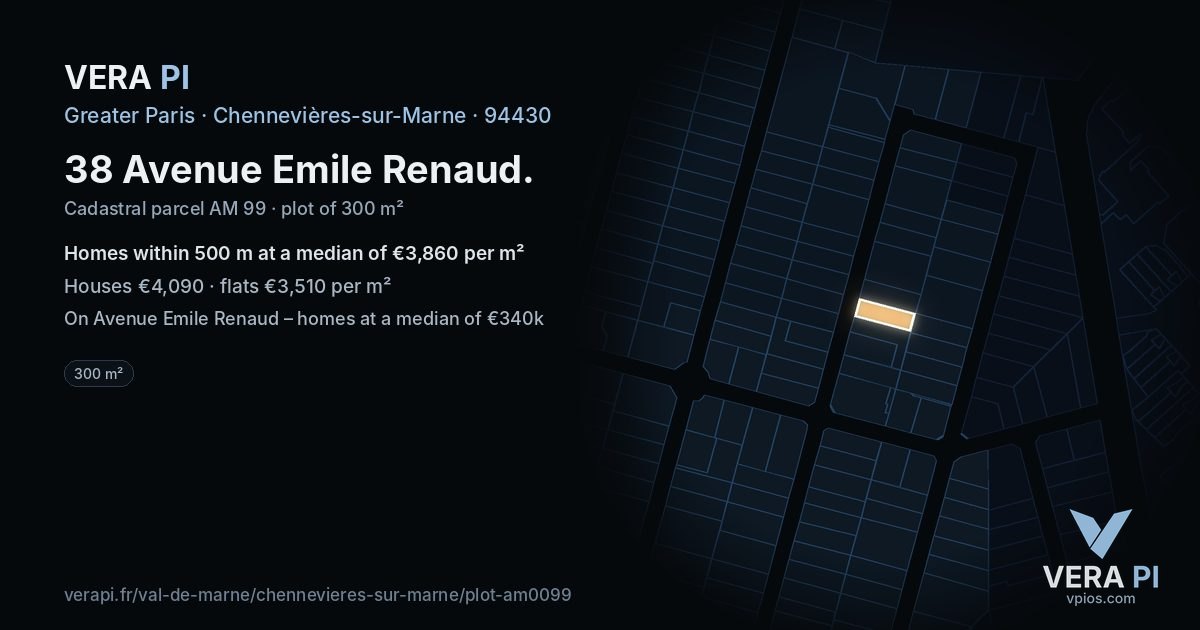 38 Avenue Emile Renaud, Chennevières-sur-Marne at night – the plot lit, the parcels around coloured by the prices near them