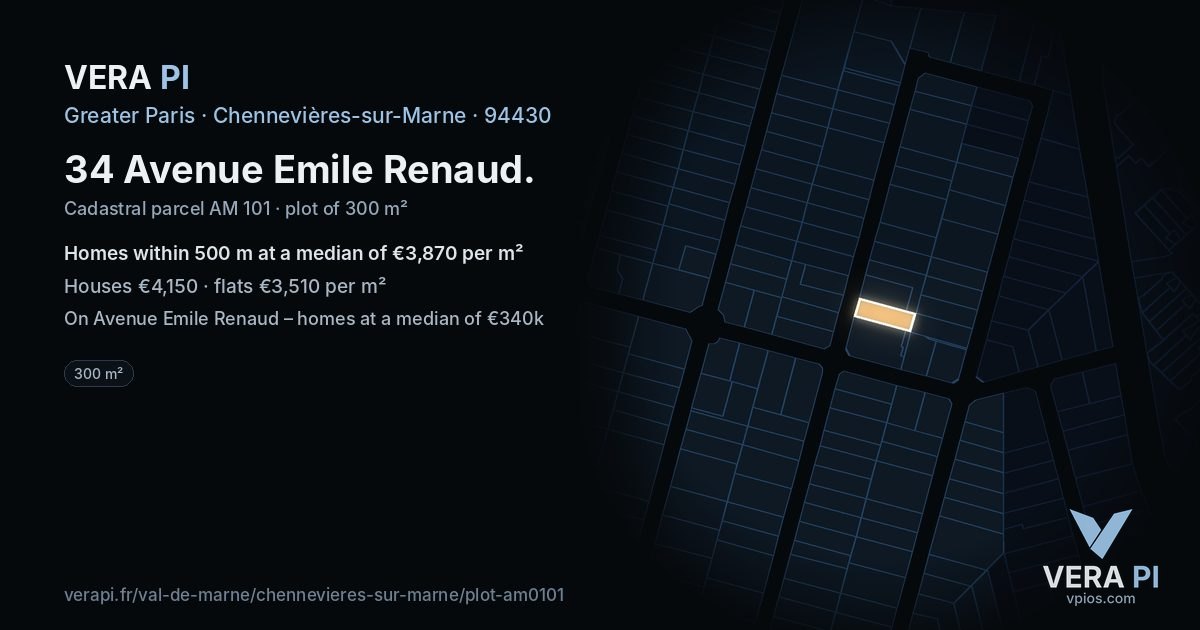 34 Avenue Emile Renaud, Chennevières-sur-Marne at night – the plot lit, the parcels around coloured by the prices near them