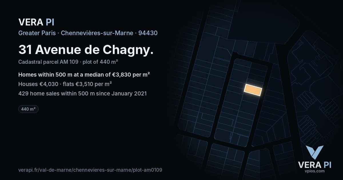 31 Avenue de Chagny, Chennevières-sur-Marne at night – the plot lit, the parcels around coloured by the prices near them