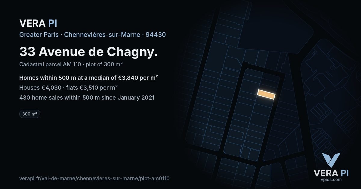 33 Avenue de Chagny, Chennevières-sur-Marne at night – the plot lit, the parcels around coloured by the prices near them