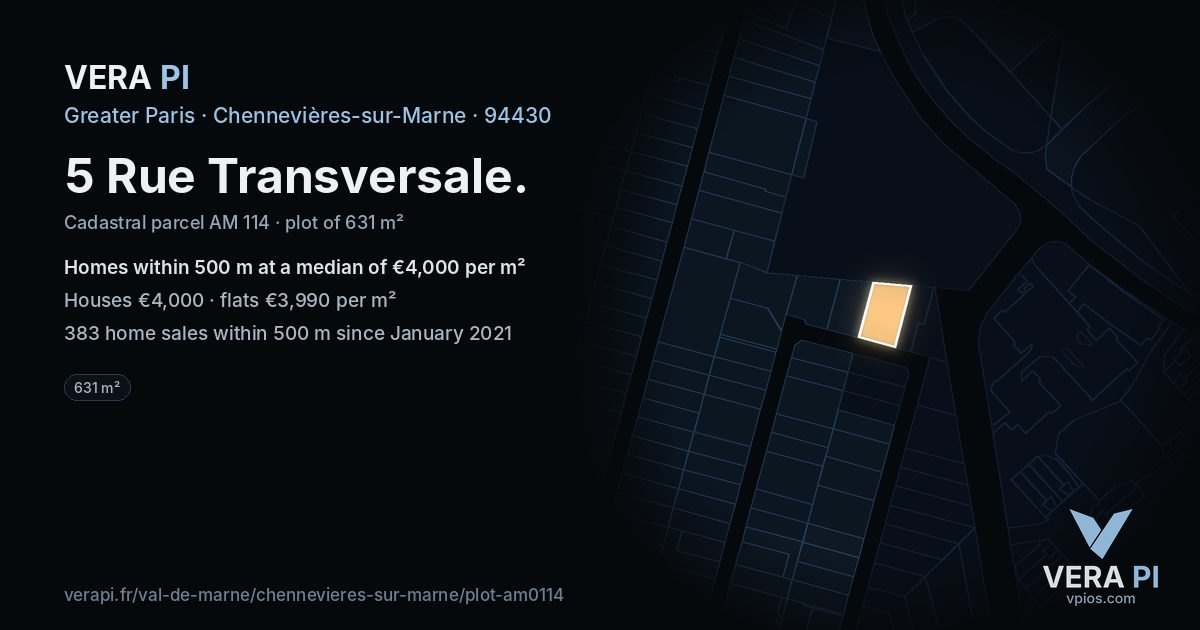 5 Rue Transversale, Chennevières-sur-Marne at night – the plot lit, the parcels around coloured by the prices near them