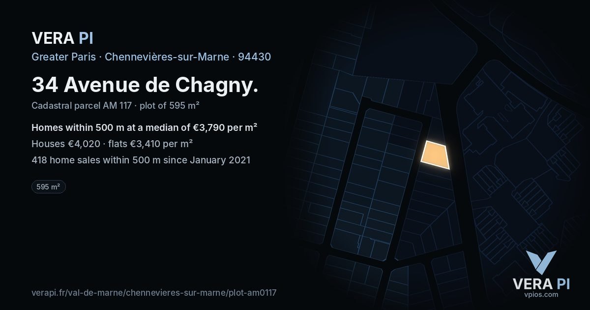 34 Avenue de Chagny, Chennevières-sur-Marne at night – the plot lit, the parcels around coloured by the prices near them