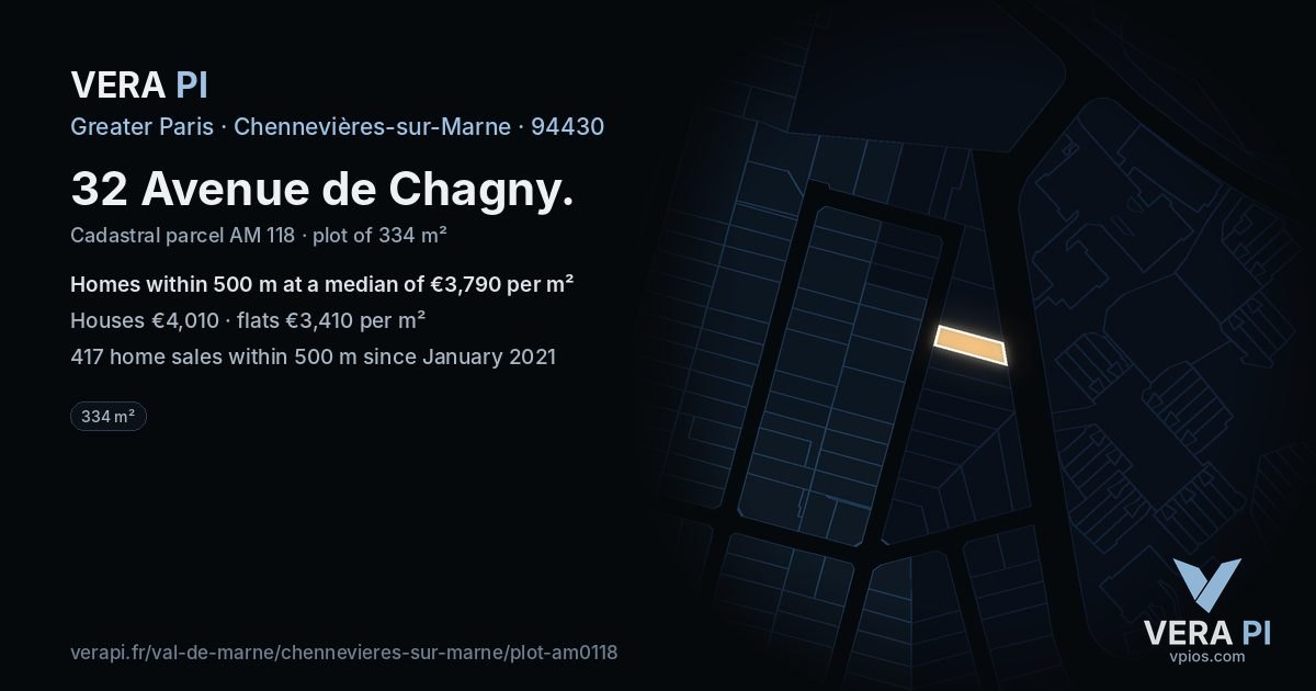 32 Avenue de Chagny, Chennevières-sur-Marne at night – the plot lit, the parcels around coloured by the prices near them