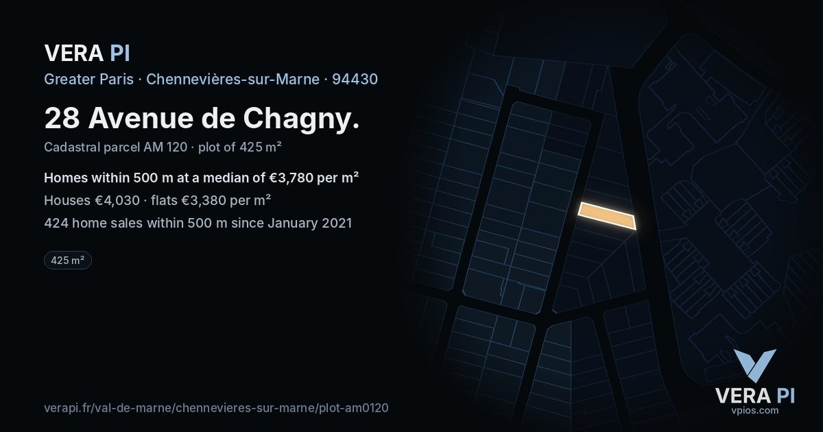 28 Avenue de Chagny, Chennevières-sur-Marne at night – the plot lit, the parcels around coloured by the prices near them