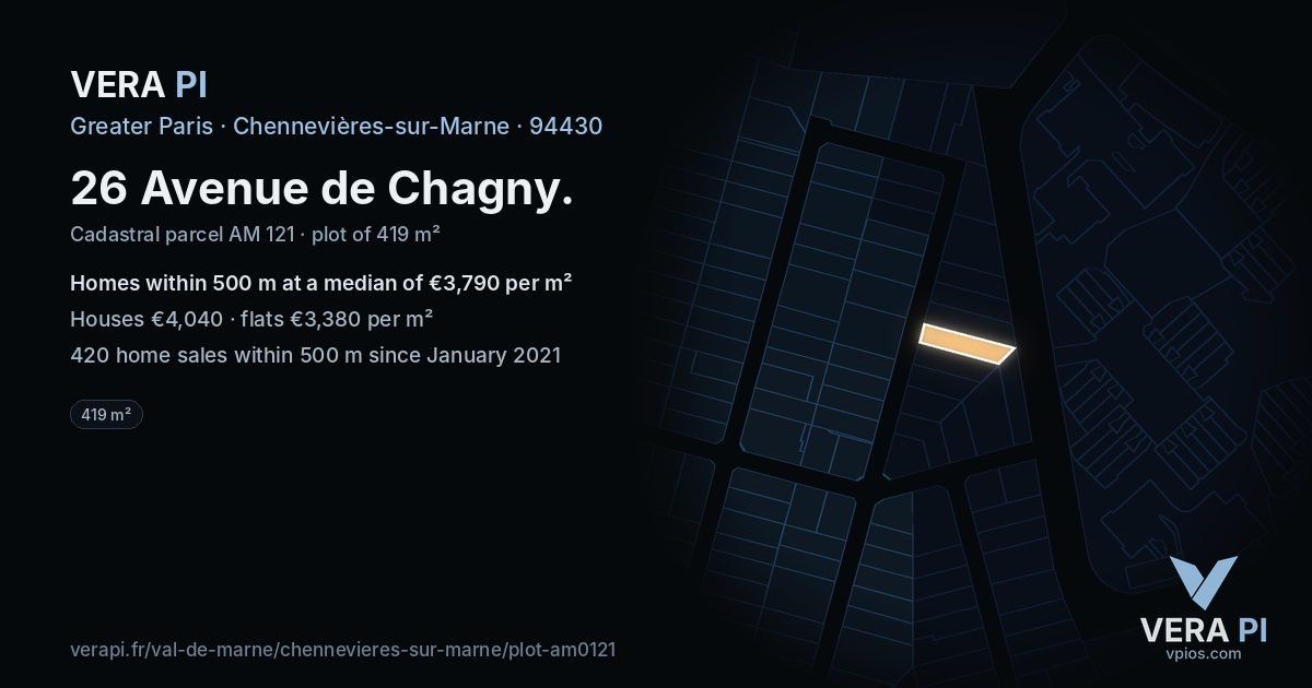 26 Avenue de Chagny, Chennevières-sur-Marne at night – the plot lit, the parcels around coloured by the prices near them