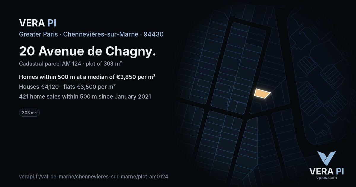 20 Avenue de Chagny, Chennevières-sur-Marne at night – the plot lit, the parcels around coloured by the prices near them