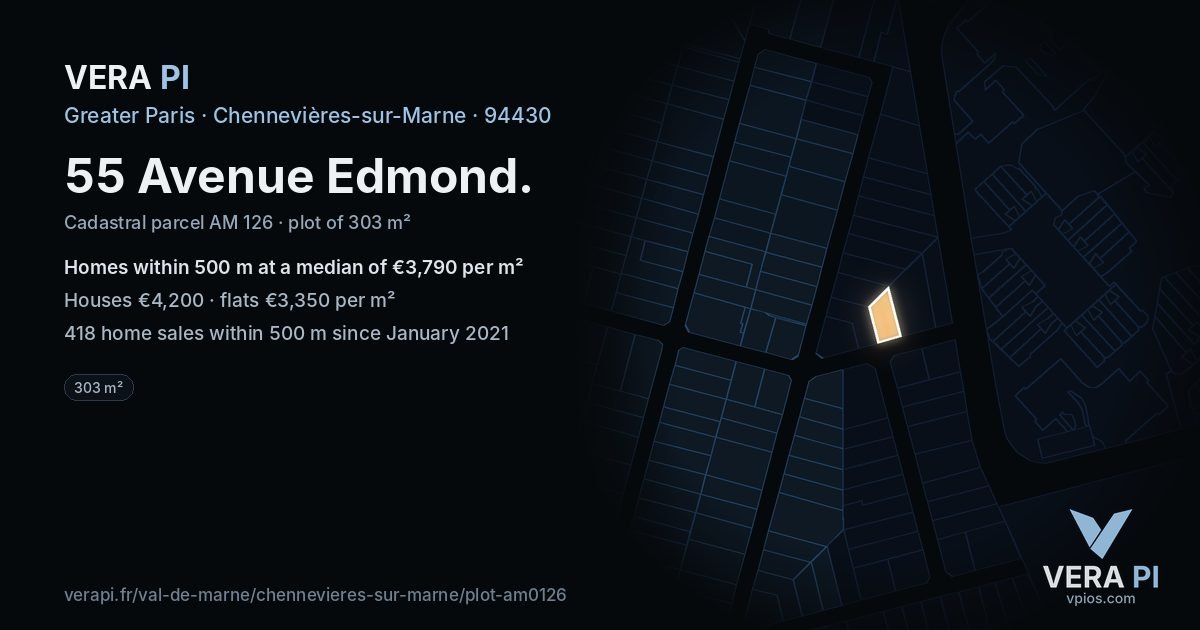 55 Avenue Edmond, Chennevières-sur-Marne at night – the plot lit, the parcels around coloured by the prices near them