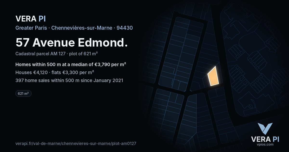 57 Avenue Edmond, Chennevières-sur-Marne at night – the plot lit, the parcels around coloured by the prices near them